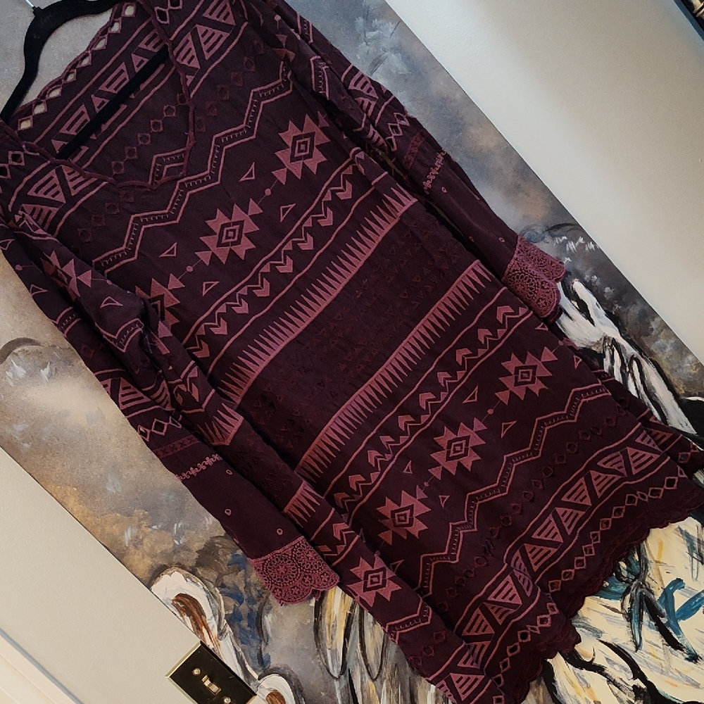 Bohemian Johnny Was Embroidered Patterned Dress in Burgundy With Eyelet Detail